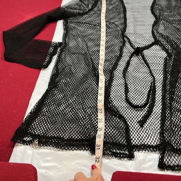 NEW BLACK fishnet CARDIGAN 2xl 3XL mesh jacket mid length MESH tie waist, sheer - Picture 4 of 13